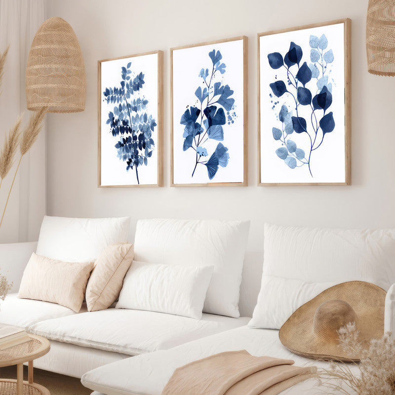 LuxuryStroke's Minimalistic Beautiful Floral Painting, Beautiful Flower Blue Paintingand Floral Painting Acrylic - Botanical Art - Set of 3 Blue Floral Art Paintings