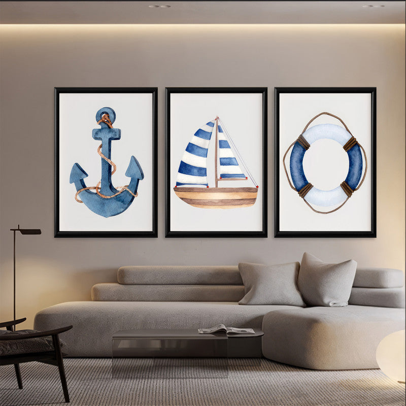 LuxuryStroke's Landscape Art, Acrylic Scenery Paintingand Nature Painting Landscape - Landscape Painting For Sailors - Ship & Anchor - Set Of 3 Paintings