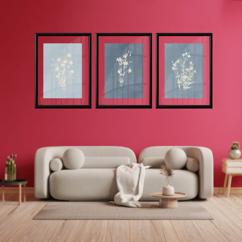 LuxuryStroke's Minimalistic Beautiful Floral Painting, Beautiful Flower Paintingand Floral Painting Acrylic - Floral Art: Set Of 3 Minimalistic Blue Floral Art Paintings