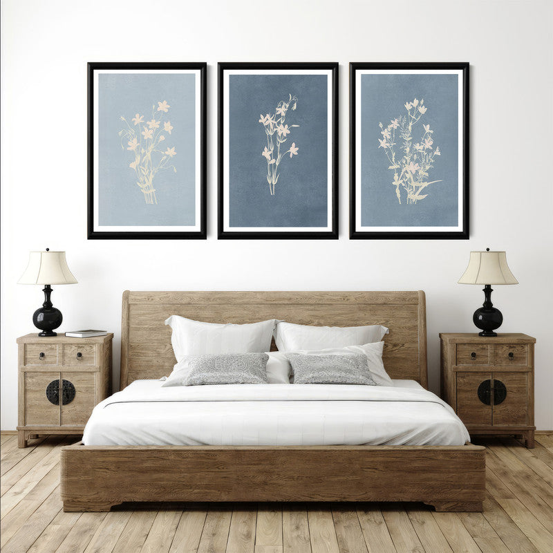 LuxuryStroke's Minimalistic Beautiful Floral Painting, Beautiful Flower Paintingand Floral Painting Acrylic - Floral Art: Set Of 3 Minimalistic Blue Floral Art Paintings