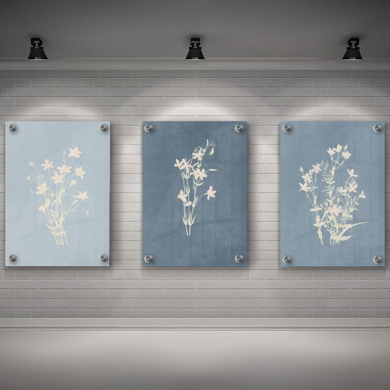 LuxuryStroke's Minimalistic Beautiful Floral Painting, Beautiful Flower Paintingand Floral Painting Acrylic - Floral Art: Set Of 3 Minimalistic Blue Floral Art Paintings
