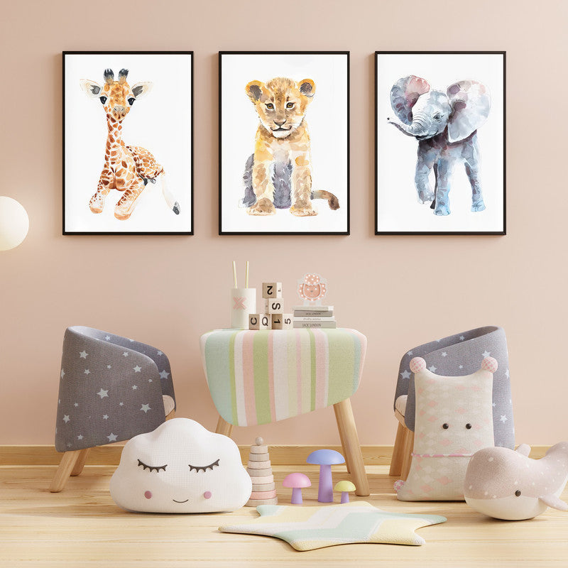 LuxuryStroke's Nursery Canvas Wall Art, Childrens Bedroom Wall Picturesand Nursery Animal Wall Art - Baby Giraffe, Lion & Elephant