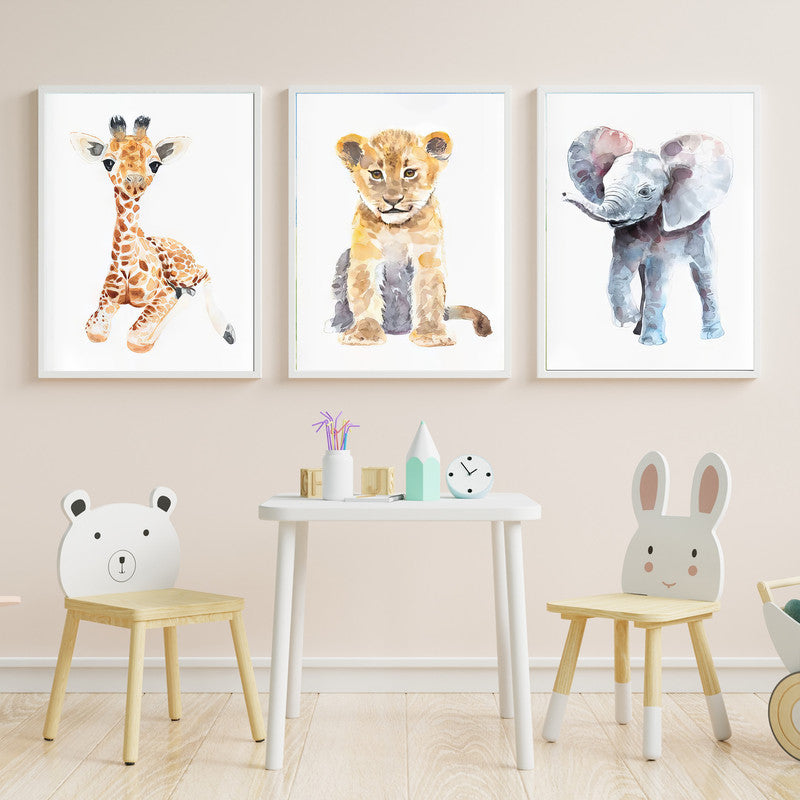 LuxuryStroke's Nursery Canvas Wall Art, Childrens Bedroom Wall Picturesand Nursery Animal Wall Art - Baby Giraffe, Lion & Elephant