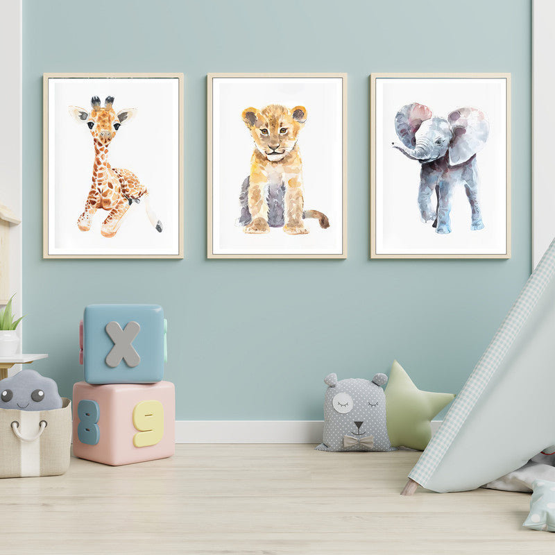 LuxuryStroke's Nursery Canvas Wall Art, Childrens Bedroom Wall Picturesand Nursery Animal Wall Art - Baby Giraffe, Lion & Elephant