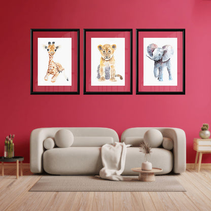 LuxuryStroke's Nursery Canvas Wall Art, Childrens Bedroom Wall Picturesand Nursery Animal Wall Art - Baby Giraffe, Lion & Elephant