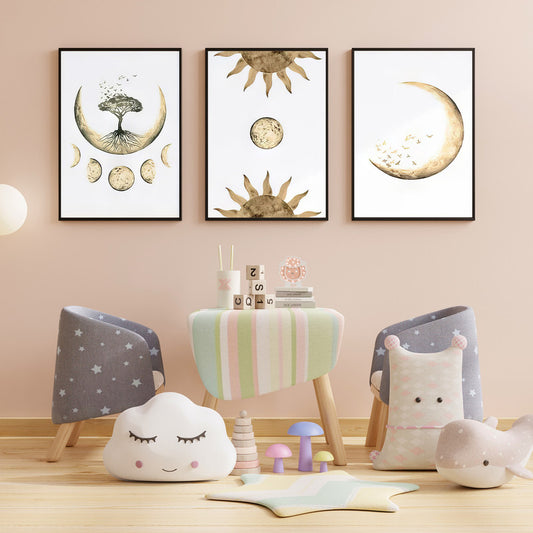 LuxuryStroke's Childrens Bedroom Wall Pictures, Children Nursery Wall Artand Nursery Canvas Wall Art - Sun & Moon