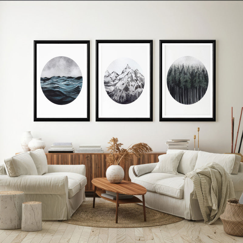 LuxuryStroke's Mountain Landscape Artwork, Nature Painting Landscapeand Acrylic Landscape Painting - Landscape Art - Set Of 3 Captivating Landscape Paintings - Sea, Mountain And Forest