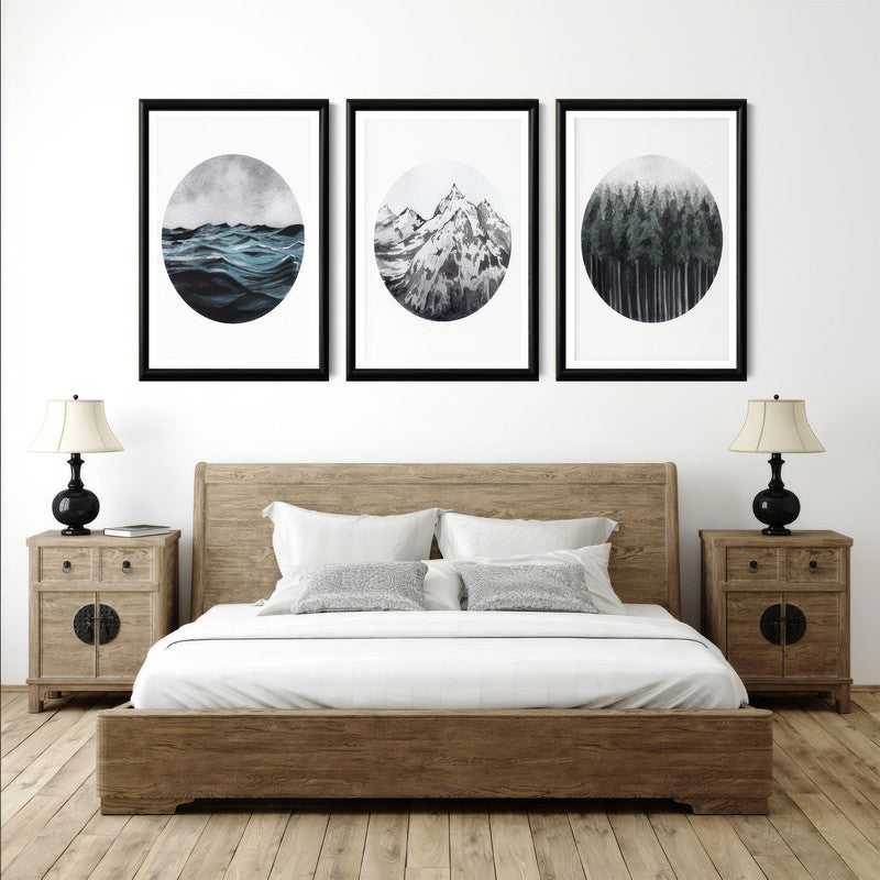 LuxuryStroke's Mountain Landscape Artwork, Nature Painting Landscapeand Acrylic Landscape Painting - Landscape Art - Set Of 3 Captivating Landscape Paintings - Sea, Mountain And Forest