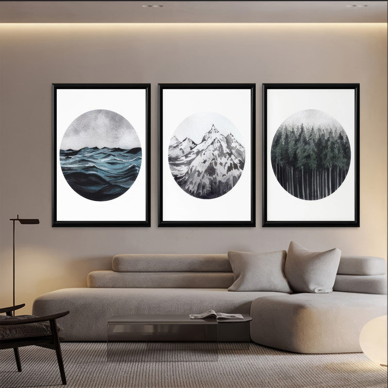 LuxuryStroke's Mountain Landscape Artwork, Nature Painting Landscapeand Acrylic Landscape Painting - Landscape Art - Set Of 3 Captivating Landscape Paintings - Sea, Mountain And Forest