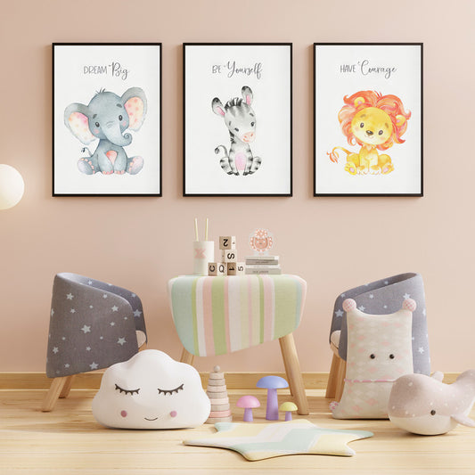 LuxuryStroke's Childrens Bedroom Wall Pictures, Nursery Animal Wall Artand Nursery Canvas Wall Art - Baby Lion, Zebra And Elephant