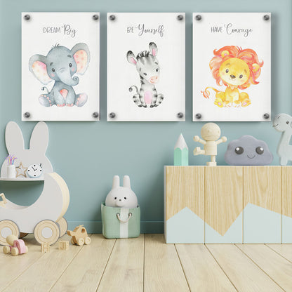 LuxuryStroke's Childrens Bedroom Wall Pictures, Nursery Animal Wall Artand Nursery Canvas Wall Art - Baby Lion, Zebra And Elephant