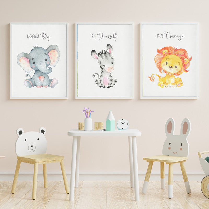 LuxuryStroke's Childrens Bedroom Wall Pictures, Nursery Animal Wall Artand Nursery Canvas Wall Art - Baby Lion, Zebra And Elephant