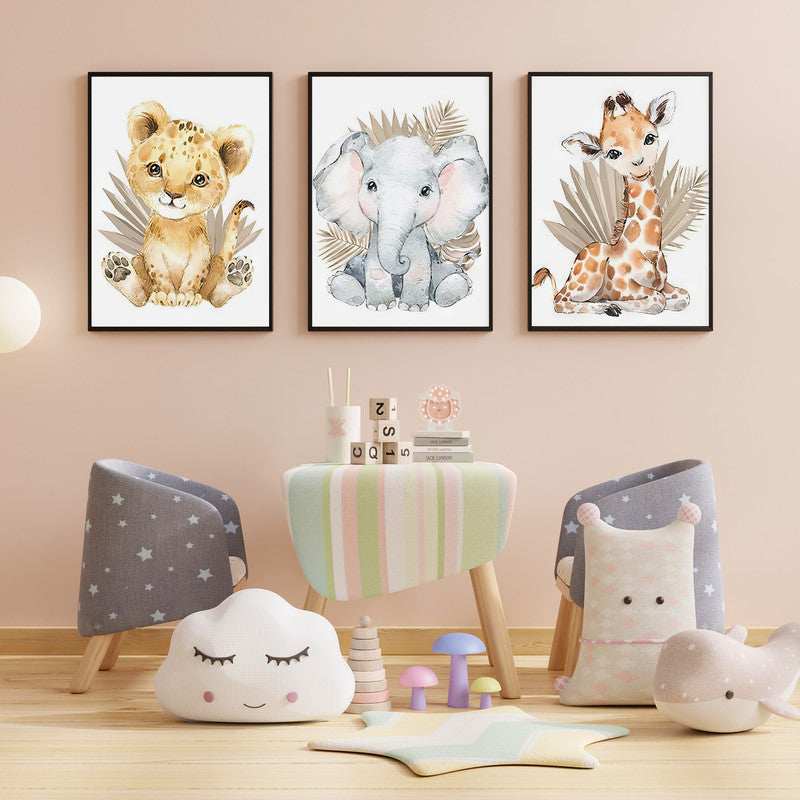 LuxuryStroke's Childrens Bedroom Wall Pictures, Nursery Animal Wall Artand Nursery Canvas Wall Art - Baby Giraffe, Lion And Elephant