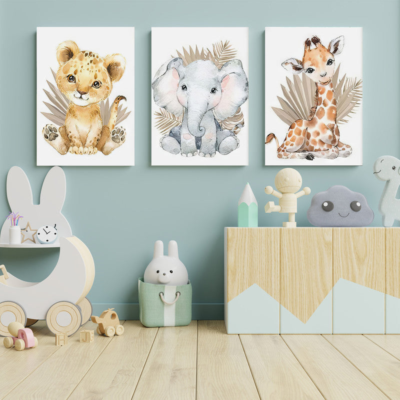 LuxuryStroke's Childrens Bedroom Wall Pictures, Nursery Animal Wall Artand Nursery Canvas Wall Art - Baby Giraffe, Lion And Elephant
