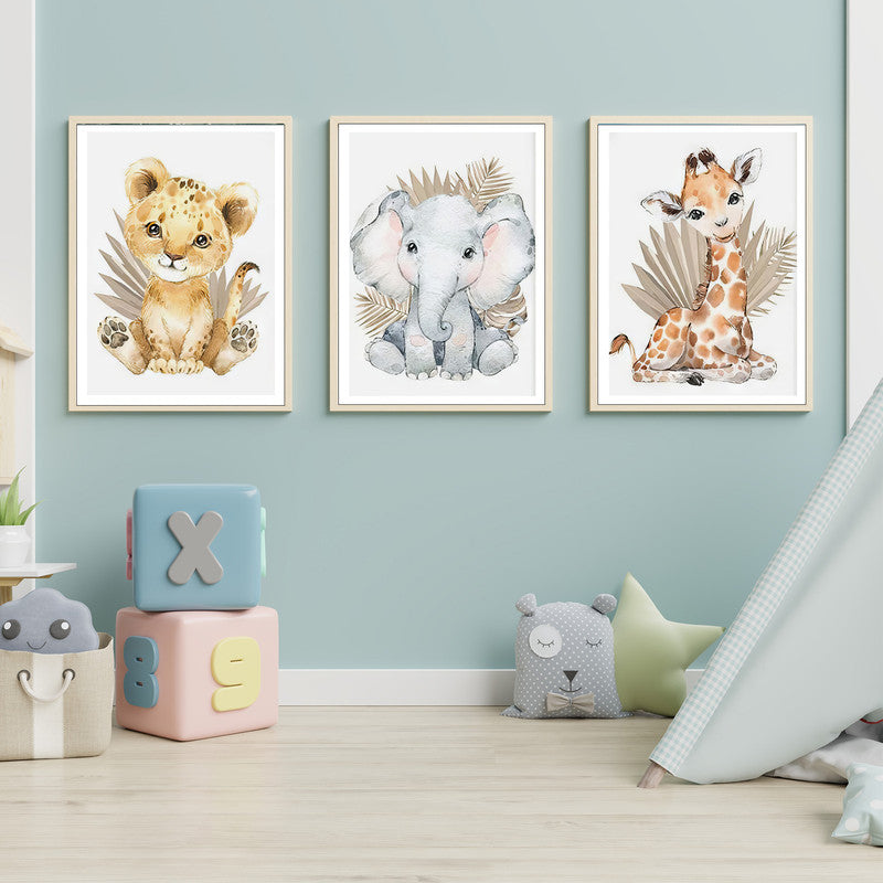 LuxuryStroke's Childrens Bedroom Wall Pictures, Nursery Animal Wall Artand Nursery Canvas Wall Art - Baby Giraffe, Lion And Elephant