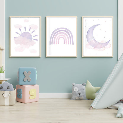 LuxuryStroke's Childrens Bedroom Wall Pictures, Children Nursery Wall Artand Nursery Canvas Wall Art - Sun, Moon And Rainbow