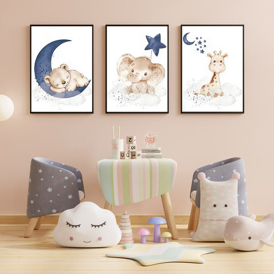 LuxuryStroke's Childrens Bedroom Wall Pictures, Nursery Animal Wall Artand Nursery Canvas Wall Art - Baby Bear, Elephant And Giraffe