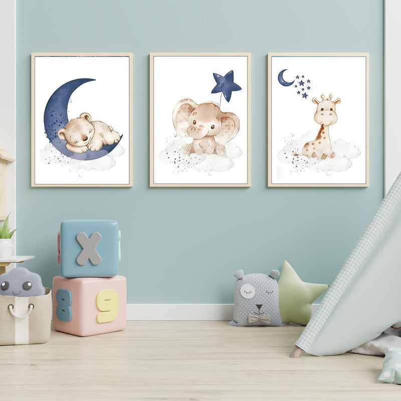 LuxuryStroke's Childrens Bedroom Wall Pictures, Nursery Animal Wall Artand Nursery Canvas Wall Art - Baby Bear, Elephant And Giraffe