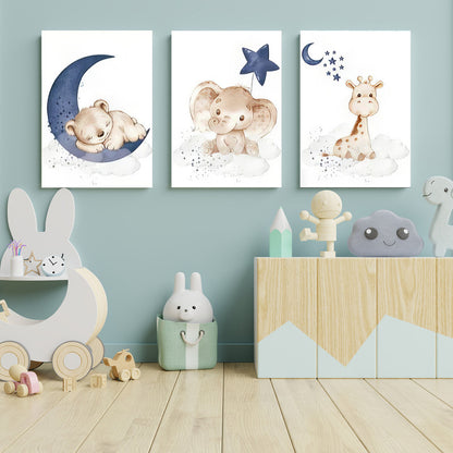 LuxuryStroke's Childrens Bedroom Wall Pictures, Nursery Animal Wall Artand Nursery Canvas Wall Art - Baby Bear, Elephant And Giraffe