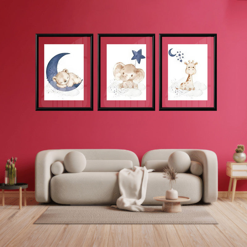 LuxuryStroke's Childrens Bedroom Wall Pictures, Nursery Animal Wall Artand Nursery Canvas Wall Art - Baby Bear, Elephant And Giraffe