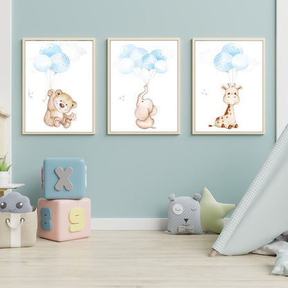 LuxuryStroke's Childrens Bedroom Wall Pictures, Nursery Animal Wall Artand Nursery Canvas Wall Art - Baby Bear, Elephant And Giraffe Playing With Balloons