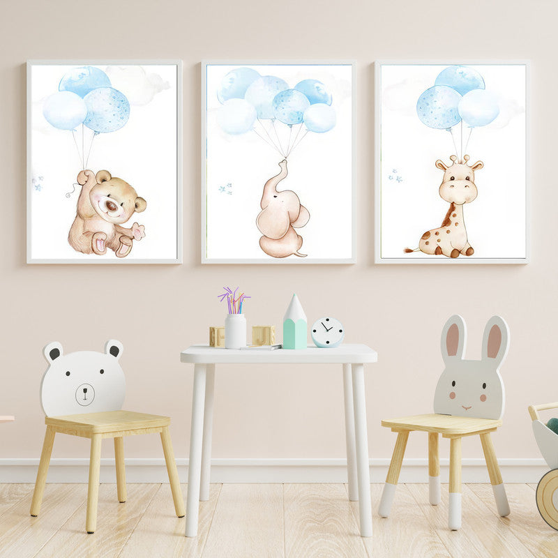 LuxuryStroke's Childrens Bedroom Wall Pictures, Nursery Animal Wall Artand Nursery Canvas Wall Art - Baby Bear, Elephant And Giraffe Playing With Balloons