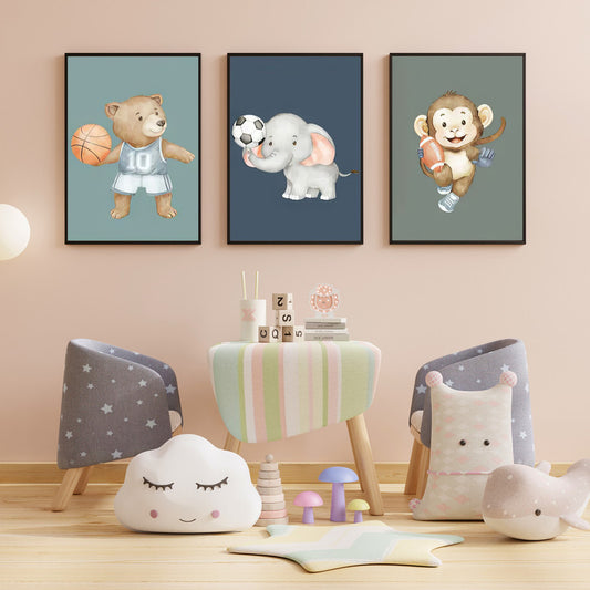 LuxuryStroke's Childrens Bedroom Wall Pictures, Nursery Animal Wall Artand Nursery Canvas Wall Art - Baby Bear, Elephant and Monkey Playing With Balls