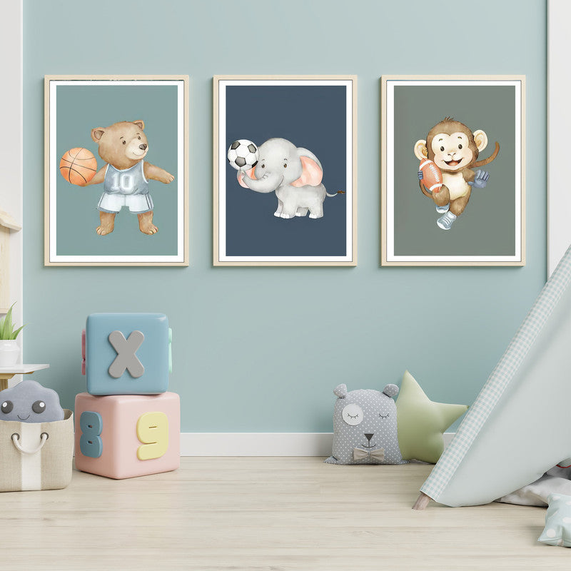 LuxuryStroke's Childrens Bedroom Wall Pictures, Nursery Animal Wall Artand Nursery Canvas Wall Art - Baby Bear, Elephant and Monkey Playing With Balls