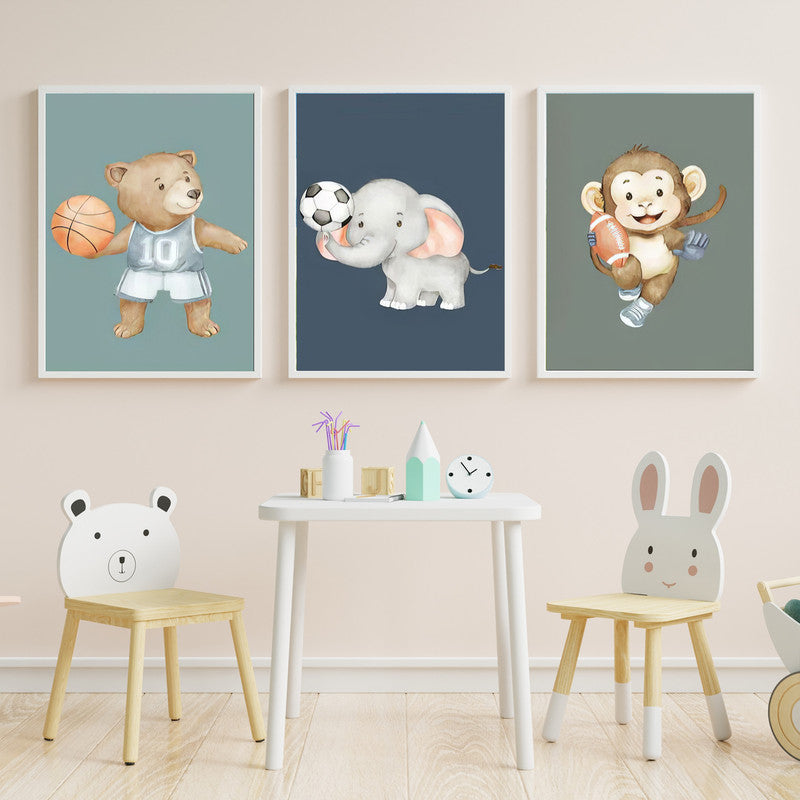 LuxuryStroke's Childrens Bedroom Wall Pictures, Nursery Animal Wall Artand Nursery Canvas Wall Art - Baby Bear, Elephant and Monkey Playing With Balls