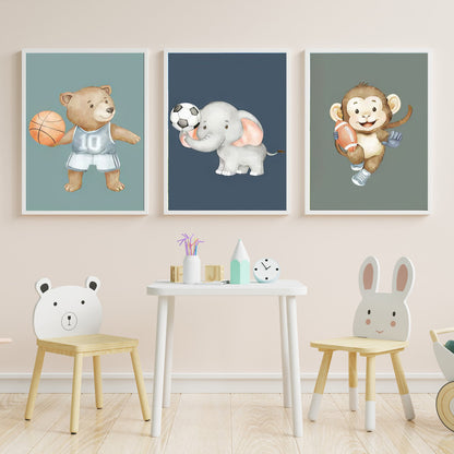 LuxuryStroke's Childrens Bedroom Wall Pictures, Nursery Animal Wall Artand Nursery Canvas Wall Art - Baby Bear, Elephant and Monkey Playing With Balls
