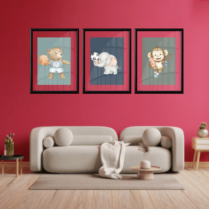 LuxuryStroke's Childrens Bedroom Wall Pictures, Nursery Animal Wall Artand Nursery Canvas Wall Art - Baby Bear, Elephant and Monkey Playing With Balls