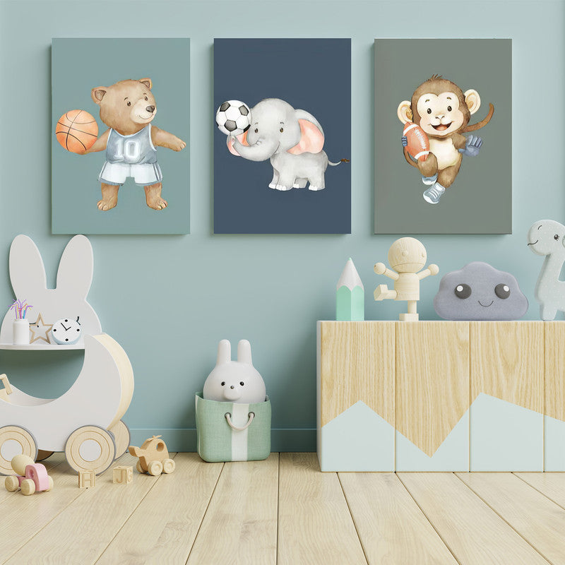 LuxuryStroke's Childrens Bedroom Wall Pictures, Nursery Animal Wall Artand Nursery Canvas Wall Art - Baby Bear, Elephant and Monkey Playing With Balls