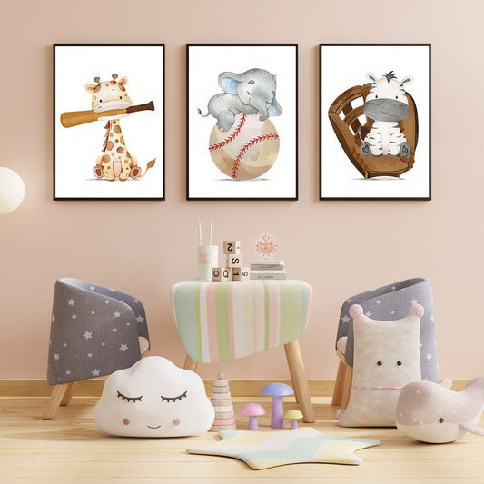 LuxuryStroke's Childrens Bedroom Wall Pictures, Nursery Animal Wall Artand Nursery Canvas Wall Art - Baby Giraffe, Elephant And Zebra