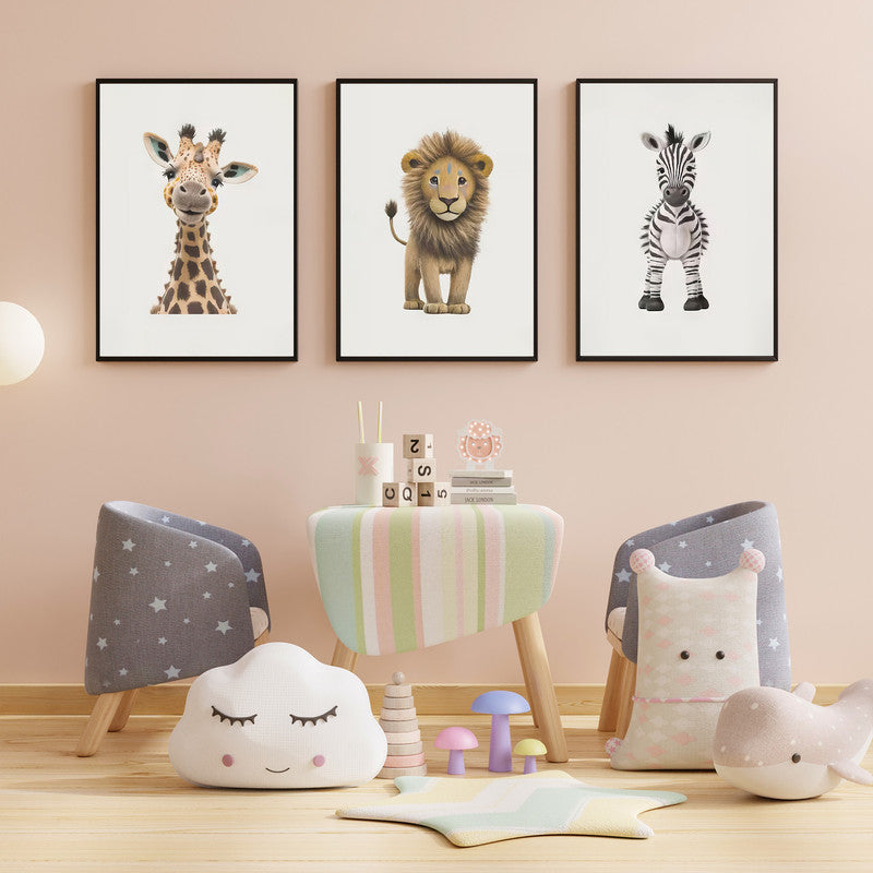 LuxuryStroke's Childrens Bedroom Wall Pictures, Nursery Animal Wall Artand Nursery Canvas Wall Art - Baby Giraffe, Lion And Zebra