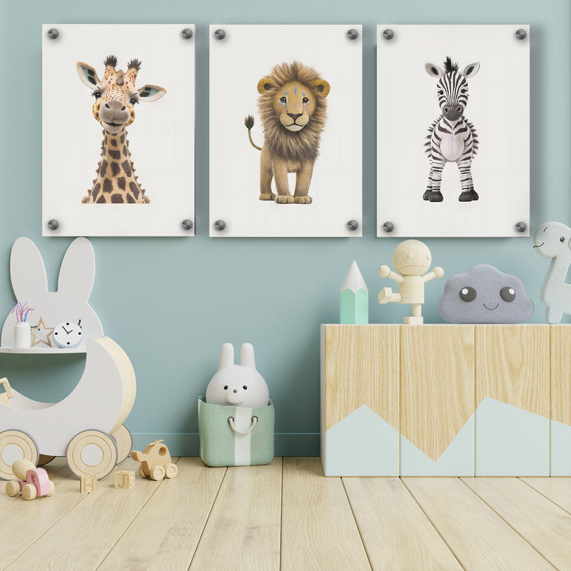 LuxuryStroke's Childrens Bedroom Wall Pictures, Nursery Animal Wall Artand Nursery Canvas Wall Art - Baby Giraffe, Lion And Zebra