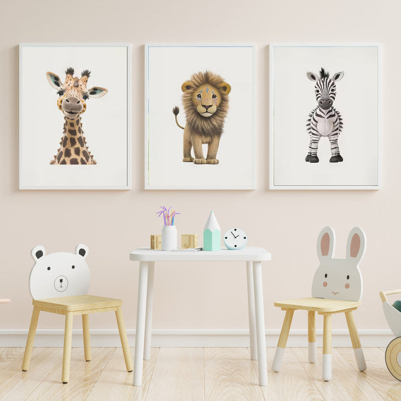 LuxuryStroke's Childrens Bedroom Wall Pictures, Nursery Animal Wall Artand Nursery Canvas Wall Art - Baby Giraffe, Lion And Zebra