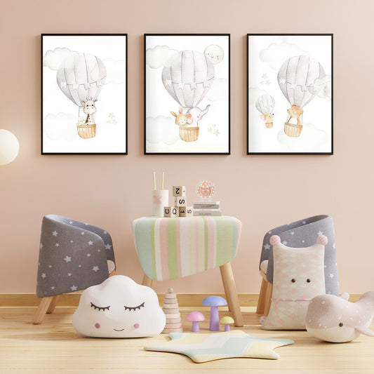 LuxuryStroke's Childrens Bedroom Wall Pictures, Nursery Animal Wall Artand Nursery Canvas Wall Art - Baby Bear, Elephant And Giraffe Enjoying In Hot Air Balloon