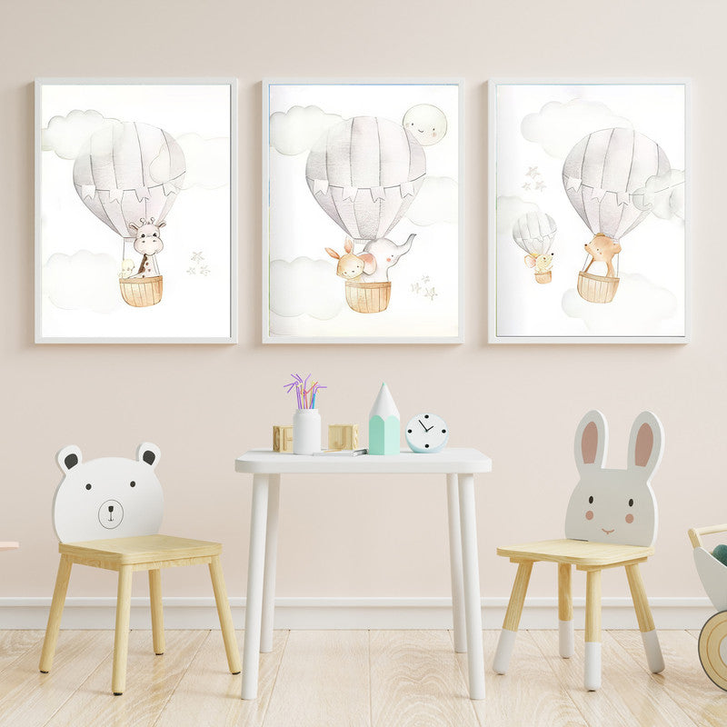 LuxuryStroke's Childrens Bedroom Wall Pictures, Nursery Animal Wall Artand Nursery Canvas Wall Art - Baby Bear, Elephant And Giraffe Enjoying In Hot Air Balloon