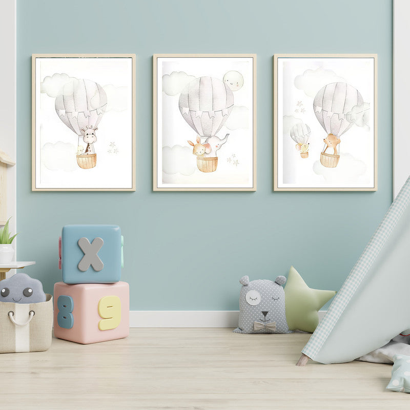LuxuryStroke's Childrens Bedroom Wall Pictures, Nursery Animal Wall Artand Nursery Canvas Wall Art - Baby Bear, Elephant And Giraffe Enjoying In Hot Air Balloon