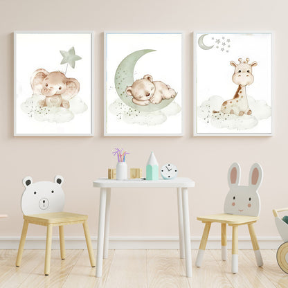 LuxuryStroke's Childrens Bedroom Wall Pictures, Nursery Animal Wall Artand Nursery Canvas Wall Art - Baby Bear, Elephant And Giraffe
