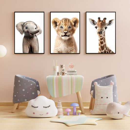 LuxuryStroke's Childrens Bedroom Wall Pictures, Nursery Animal Wall Artand Nursery Canvas Wall Art - Elephant, Lion And Giraffe