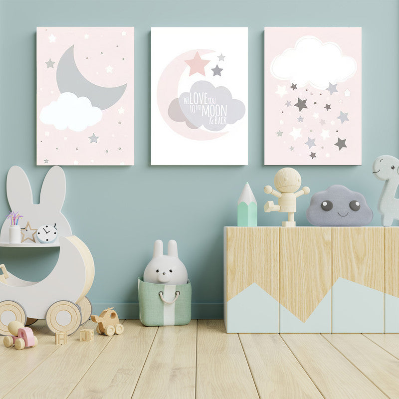 LuxuryStroke's Childrens Bedroom Wall Pictures, Children Nursery Wall Artand Nursery Canvas Wall Art - Moon, Star And Cloud