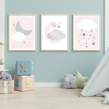 LuxuryStroke's Childrens Bedroom Wall Pictures, Children Nursery Wall Artand Nursery Canvas Wall Art - Moon, Star And Cloud