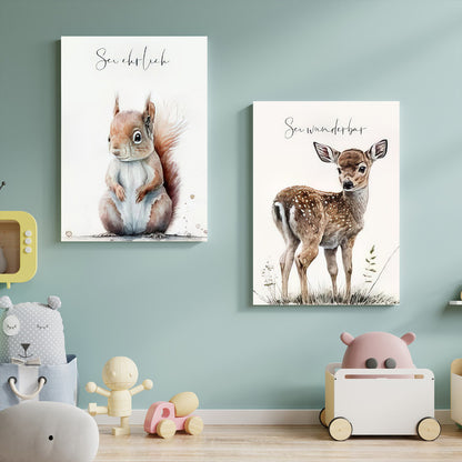 LuxuryStroke's Childrens Bedroom Wall Pictures, Nursery Animal Wall Artand Nursery Canvas Wall Art - Baby Squirrel & Deer