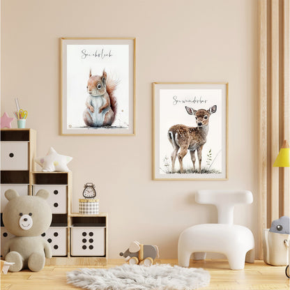 LuxuryStroke's Childrens Bedroom Wall Pictures, Nursery Animal Wall Artand Nursery Canvas Wall Art - Baby Squirrel & Deer