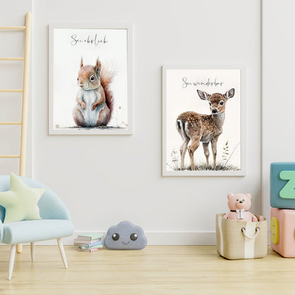 LuxuryStroke's Childrens Bedroom Wall Pictures, Nursery Animal Wall Artand Nursery Canvas Wall Art - Baby Squirrel & Deer