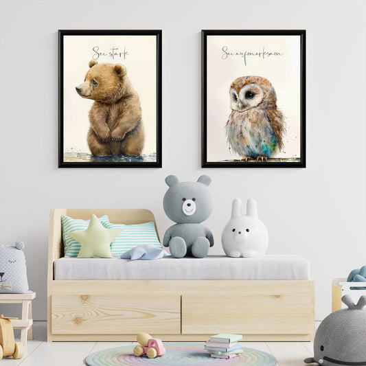 LuxuryStroke's Childrens Bedroom Wall Pictures, Nursery Animal Wall Artand Nursery Canvas Wall Art - Baby Bear & Owl