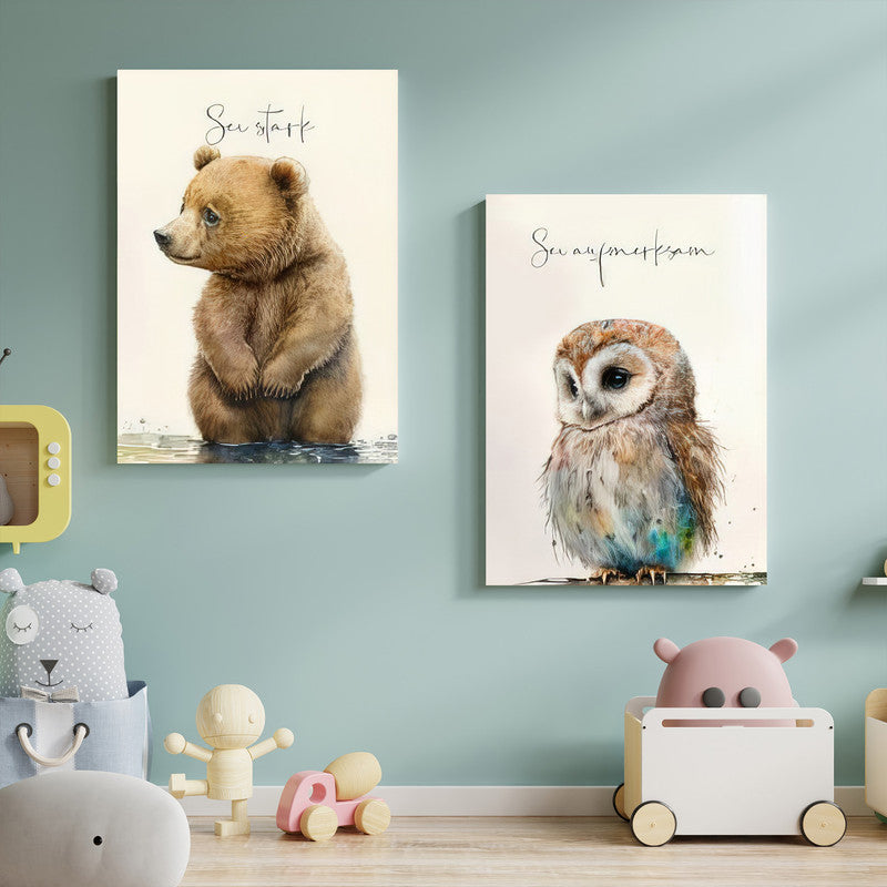 LuxuryStroke's Childrens Bedroom Wall Pictures, Nursery Animal Wall Artand Nursery Canvas Wall Art - Baby Bear & Owl