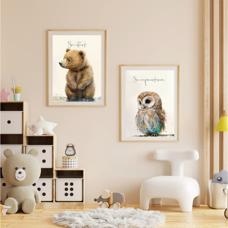 LuxuryStroke's Childrens Bedroom Wall Pictures, Nursery Animal Wall Artand Nursery Canvas Wall Art - Baby Bear & Owl