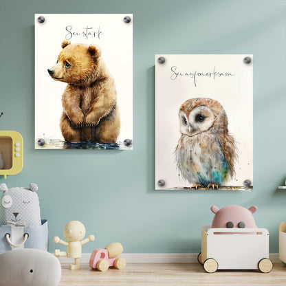 LuxuryStroke's Childrens Bedroom Wall Pictures, Nursery Animal Wall Artand Nursery Canvas Wall Art - Baby Bear & Owl